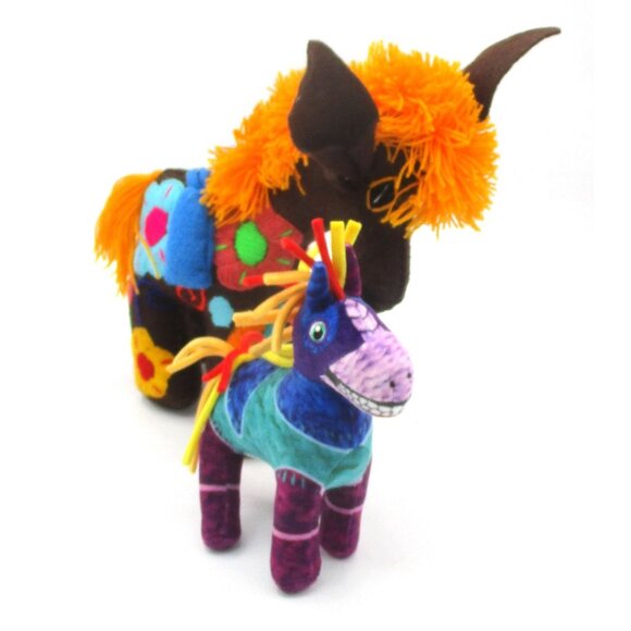Handcrafted Fiesta Donkey Plush Set Vibrant Mexican Folk Art Rare Colorful Embro - Picture 1 of 5